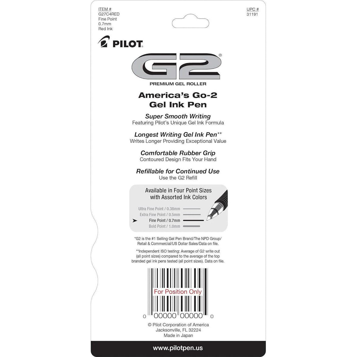 Pilot, G2 Premium Gel Roller Pens, Fine Point 0.7 Mm, Red, Pack Of 4,
