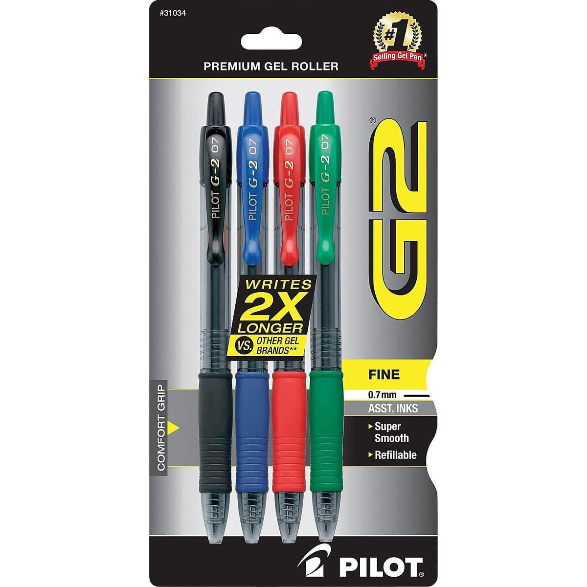 Pilot, G2 Premium Gel Roller Pens, Fine Point 0.7 Mm, Black, Blue, Red, Green, Pack Of 4,