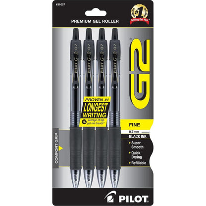 Pilot, G2 Premium Gel Roller Pens, Fine Point 0.7 Mm, Black, Pack Of 4,