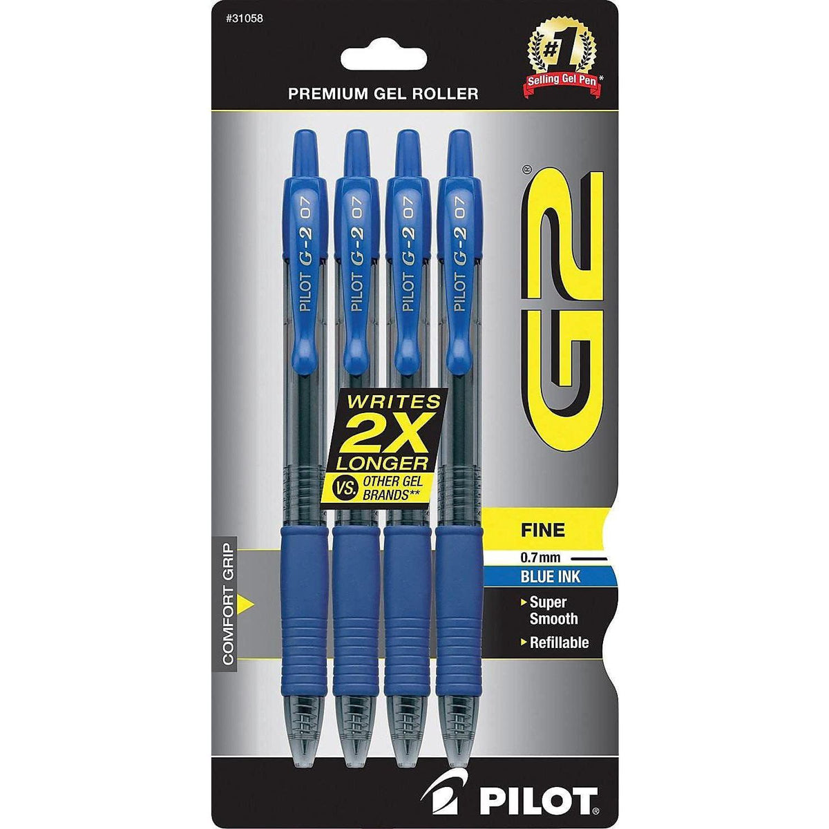 Pilot, G2 Premium Gel Roller Pens, Fine Point 0.7 Mm, Blue, Pack Of 4,