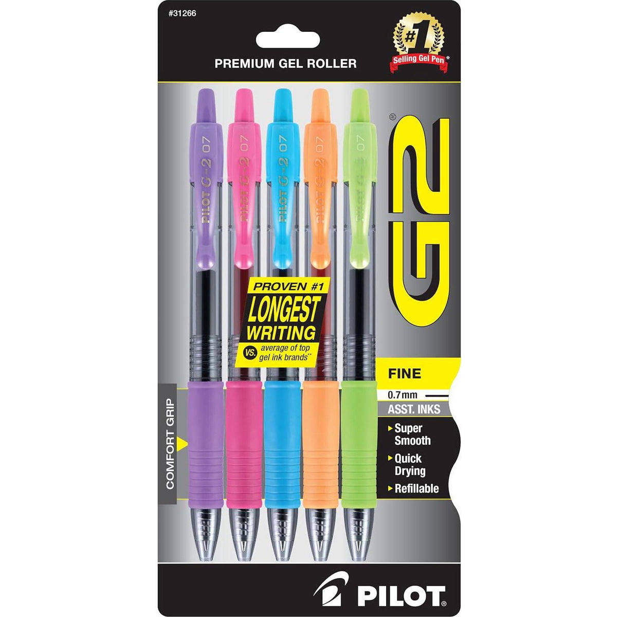 Pilot, G2 Premium Gel Roller Pens, Fine Point 0.7 Mm, Assorted Colors, Pack Of 5,Does not Apply