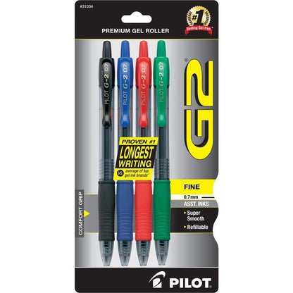 Pilot, G2 Premium Gel Roller Pens, Fine Point 0.7 Mm, Black, Blue, Red, Green, Pack Of 4,