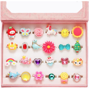 Pinksheep Adjustable Pretend Play Rings Set for Girls 24 Lovely Jewel Rings with Storage Box