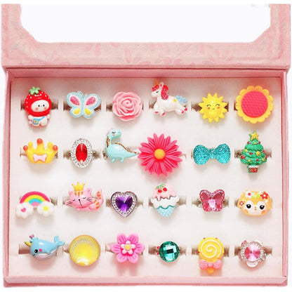 Pinksheep Adjustable Pretend Play Rings Set for Girls 24 Lovely Jewel Rings with Storage Box