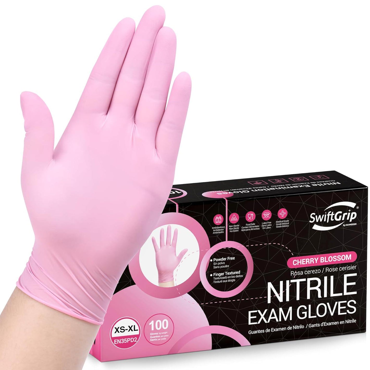 SwiftGrip Pink Disposable Gloves, Medical Exam Gloves Disposable Latex Free, Gloves For Cleaning And Esthetician, Pink Rubber Gloves, Pink Cleaning Gloves, Powder-Free, 100-ct Box (Medium)