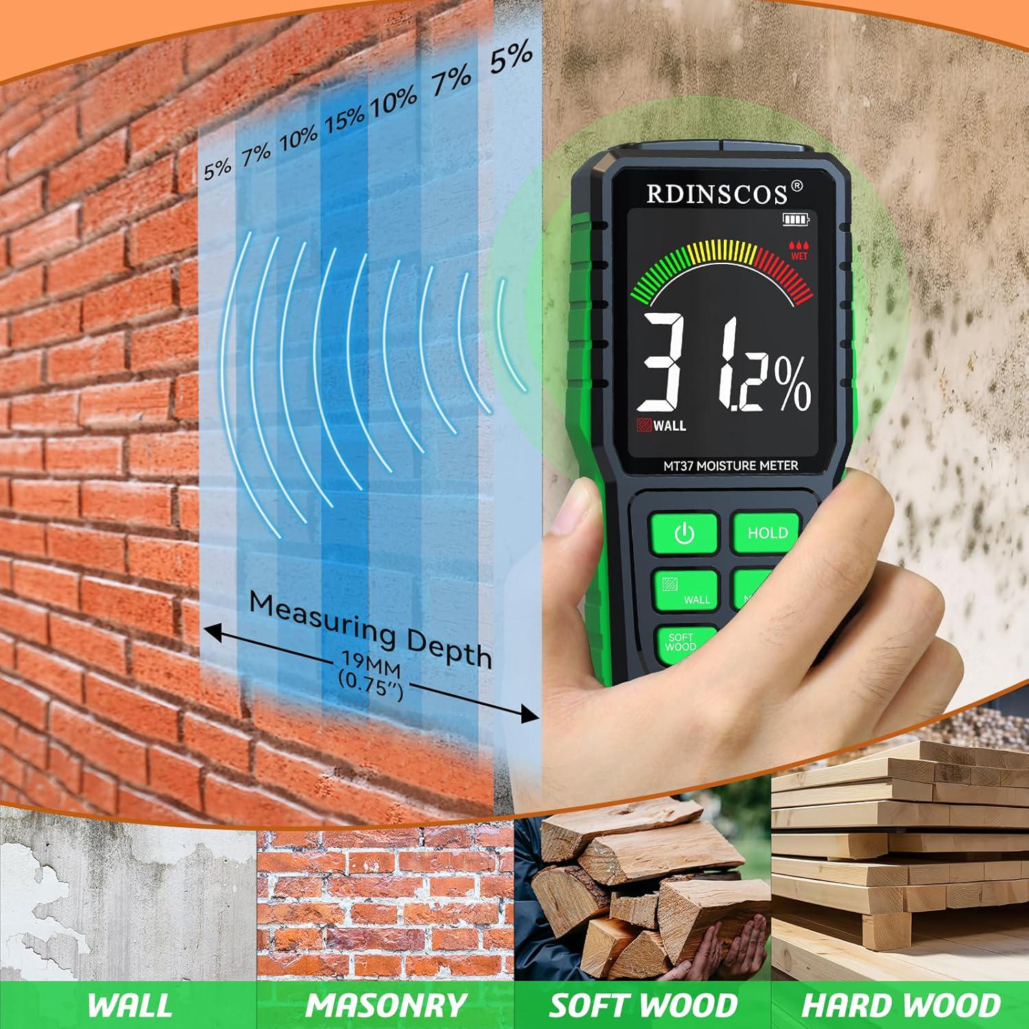 Pinless Moisture Meter,Wood Moisture Meters For Walls, Firewood Floor Humidity Detector Lumber Humidity Tester Paper Cerimic Ceiling Firewood Cardboard Humidity Building Material (MT37),