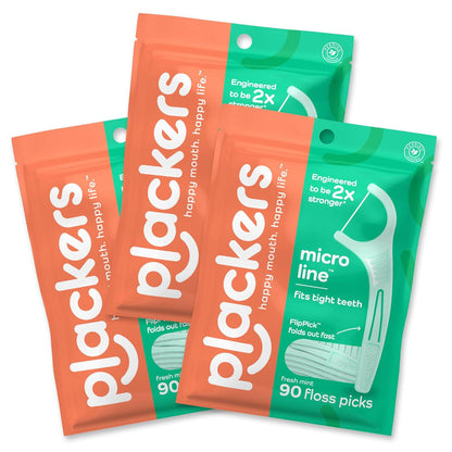 Plackers Micro-Line Dental Floss Picks, Fold-Out Floss Picks with Tuffloss, Fresh Mint Flavor, 90 Count (Pack of 3, Packaging May Vary)