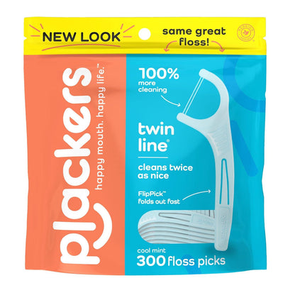 Plackers Twin-Line Dental Flossers, Cool Mint Flavor, Dual-Action Flossing System, Super Tuffloss, 2x the Clean, 300 Count