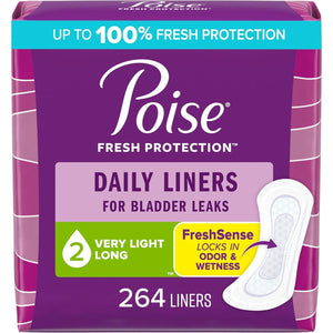 Poise Daily Liners, Incontinence Panty Liners, 2 Drop Very Light Absorbency, Long Length, 264 Count (6 Packs of 44), Packaging May Vary