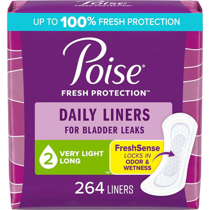 Poise Daily Liners, Incontinence Panty Liners, 2 Drop Very Light Absorbency, Long Length, 264 Count (6 Packs of 44), Packaging May Vary