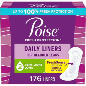 Poise Daily Incontinence Liners, Very Light Absorbency, Long Length, 176 Count (4 Packs of 44 Liners)