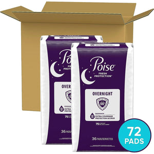 Poise Incontinence Pads & Postpartum Overnight Pads, Extra Coverage, 72 Count, 2 Packs of 36 (Packaging May Vary)