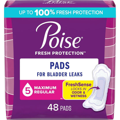 Poise Incontinence Pads & Postpartum Incontinence Pads, 5-Drop Maximum Absorbency, Regular Length, 48 Count (Packaging May Vary)