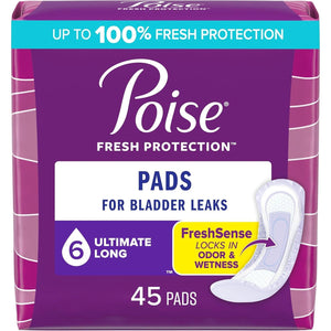 Poise Incontinence Pads & Postpartum Incontinence Pads, 6 Drop Ultimate Absorbency, Long Length, 45 Count (Packaging May Vary)