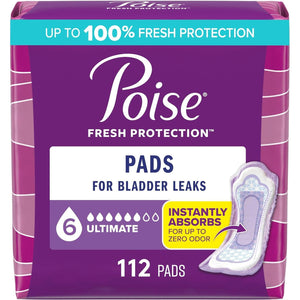 Poise Incontinence & Postpartum Pads, 6 Drop Ultimate Absorbency, Regular Length, 112 Count (Packaging May Vary)
