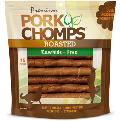 Pork Chomps Roasted Pork Skin Dog Chews 6 Inch Twists Pack of 15 Long Lasting Tasty Treats for Chewing