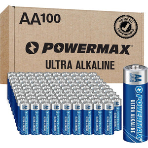 Powermax 100 Count AA Batteries, Long-Lasting Alkaline, 10-Year Shelf Life, Reclosable Packaging