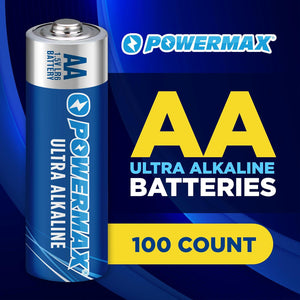 Powermax 100 Count AA Batteries, Long-Lasting Alkaline, 10-Year Shelf Life, Reclosable Packaging