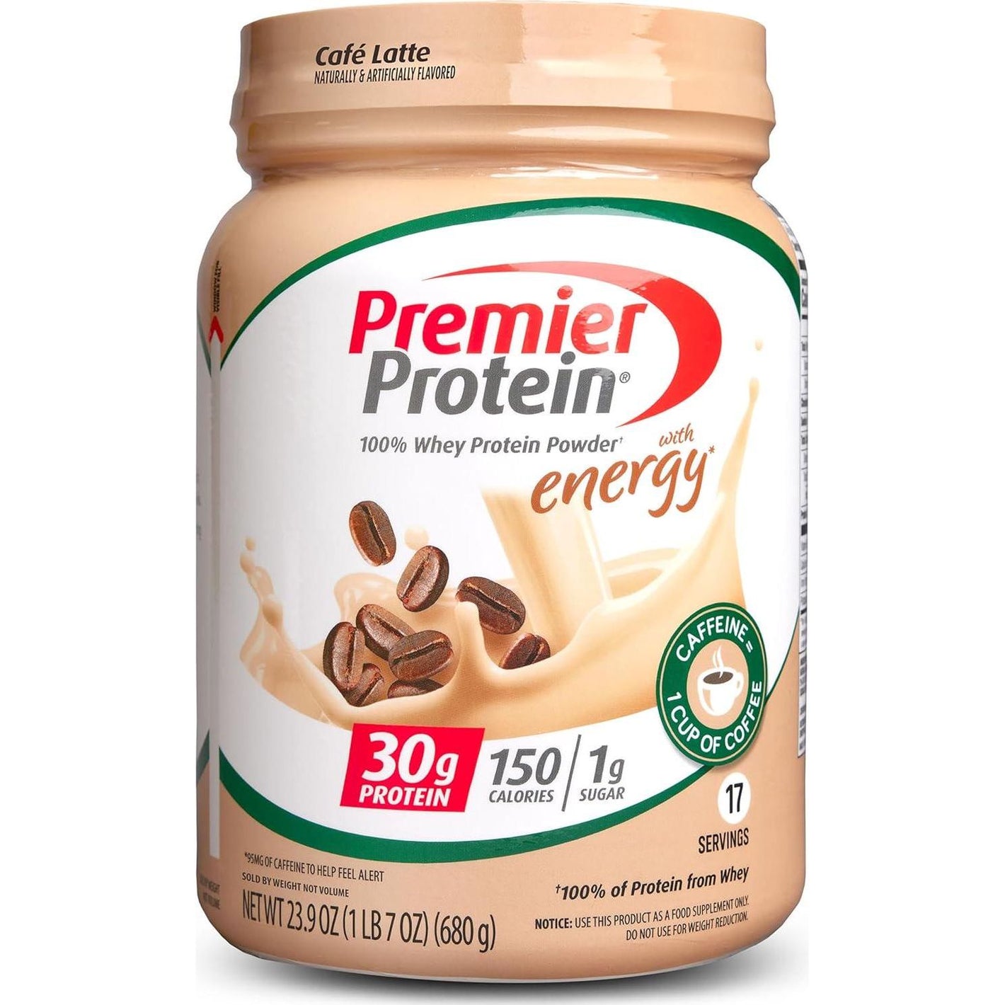 Premier Protein Powder, Cafe Latte, 30g Protein, 1g Sugar, 100% Whey Protein, Keto-Friendly, No Soy Ingredients, Gluten-Free, 17 Servings, 239oz Pack of 1