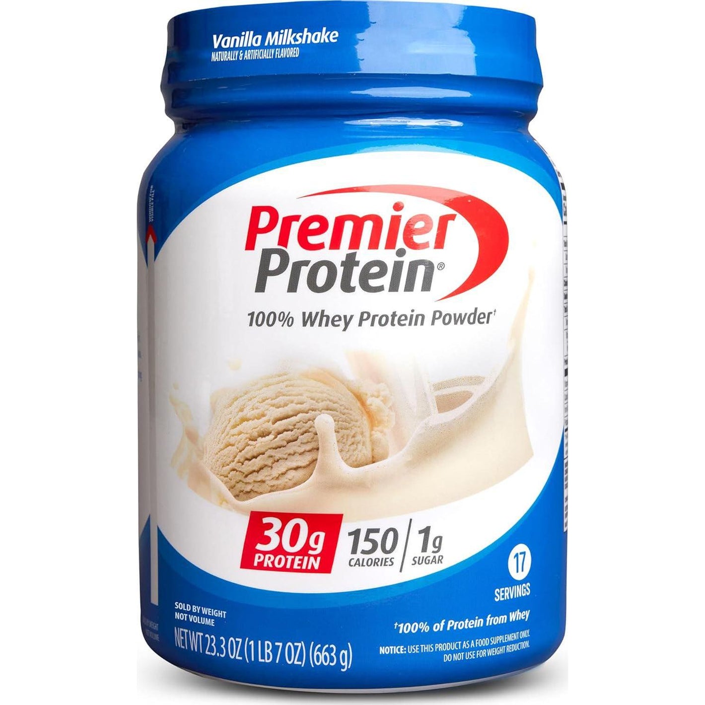Premier Protein Premier Protein Powder, Vanilla Milkshake, 30g Protein, 1g Sugar, 100% Whey Protein, Keto Friendly, No Soy Ingredients, Gluten Free, 17 Servings, 23.3 Ounces