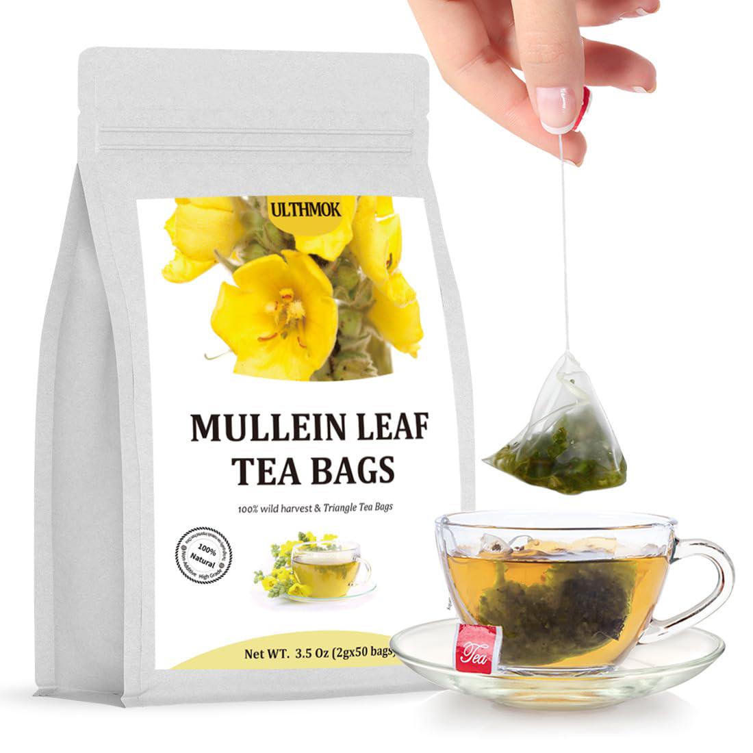 Ulthmok Premium Mullein Leaf Tea Bags, 50 Bags, 100% Pure Mullein Leaves for Lung Cleanse & Respiratory Support, Caffeine-Free, No Flavoring or Additives