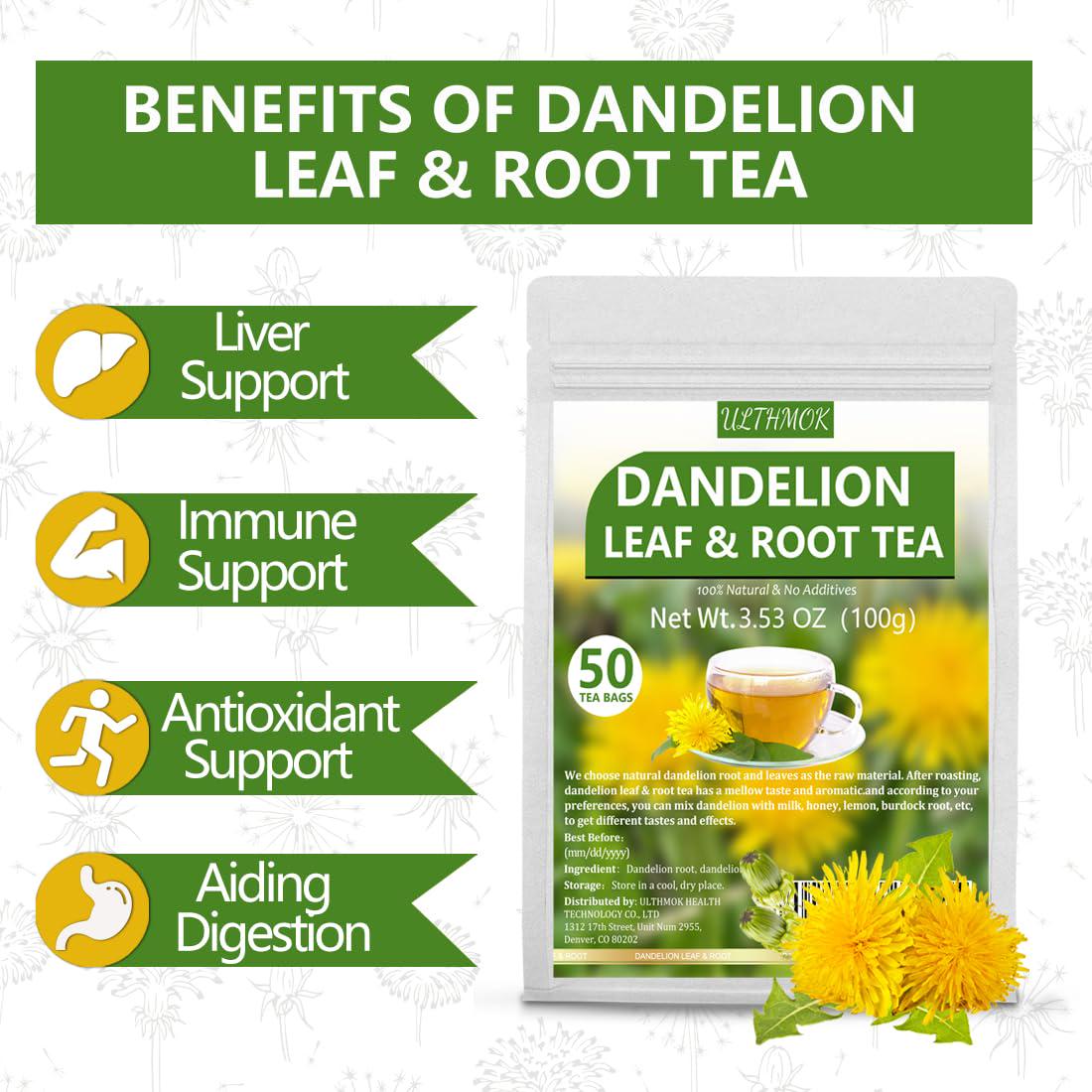 ULTHMOK Premium Dandelion Leaf And Root Tea,50 Tea Bags /3.53Oz, For Liver And Kidney Health, Roasted Detox Herbal Tea. Support Digestion And Boost Immune System, Caffeine Free.
