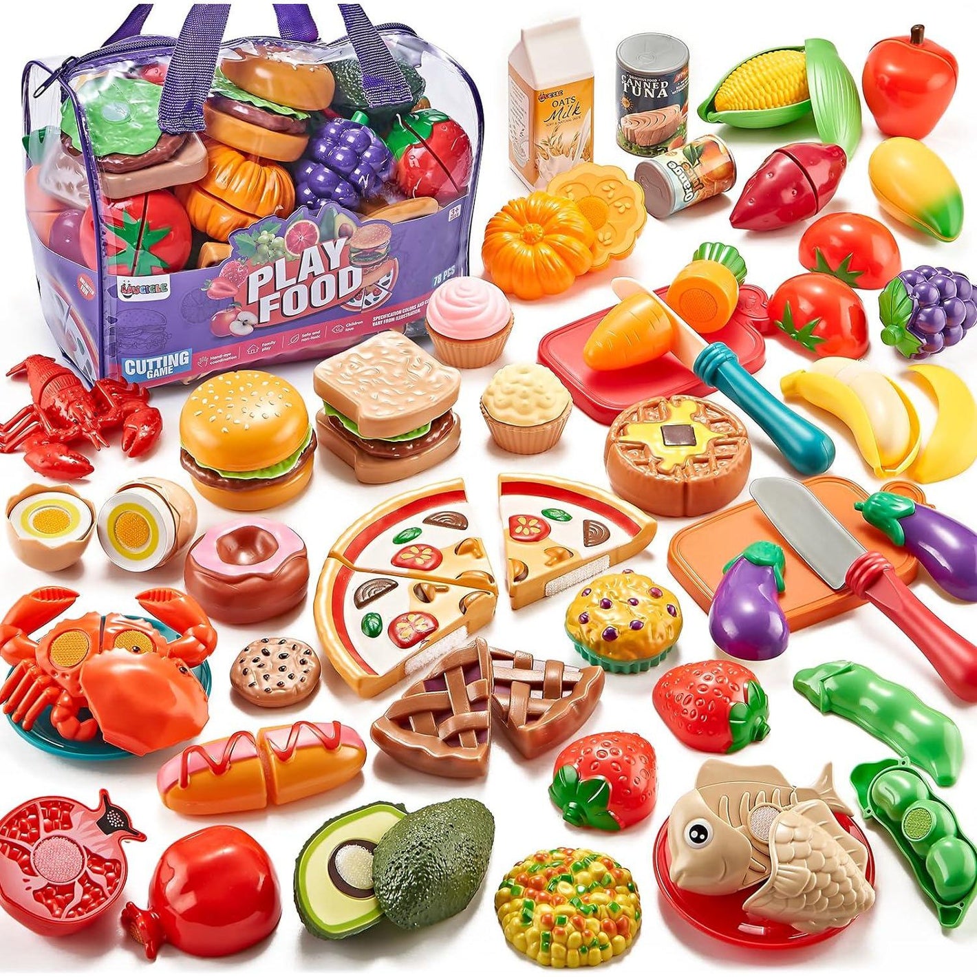 Pretend Play Kitchen Food Set for Kids, 78 Pieces, Cutting Fruits & Veggies, Pizza, Storage Bag, Toddler Gift