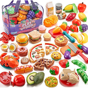Pretend Play Kitchen Food Set for Kids, 78 Pieces, Cutting Fruits & Veggies, Pizza, Storage Bag, Toddler Gift