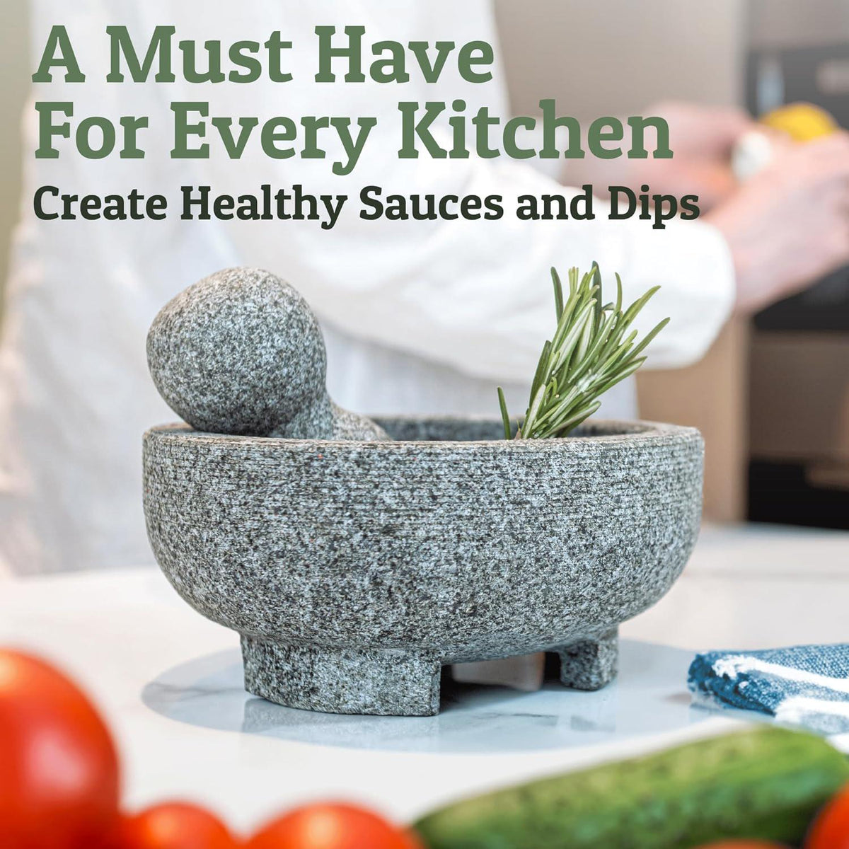 PriorityChef Granite Mortar And Pestle Set - 8 Inch Natural Stone Molcajete Mexicano For Spices, Seasonings, Pastes - Pestle And Mortar Bowl For Fresh Guacamole, Salsa, Pesto, Large, Grey,