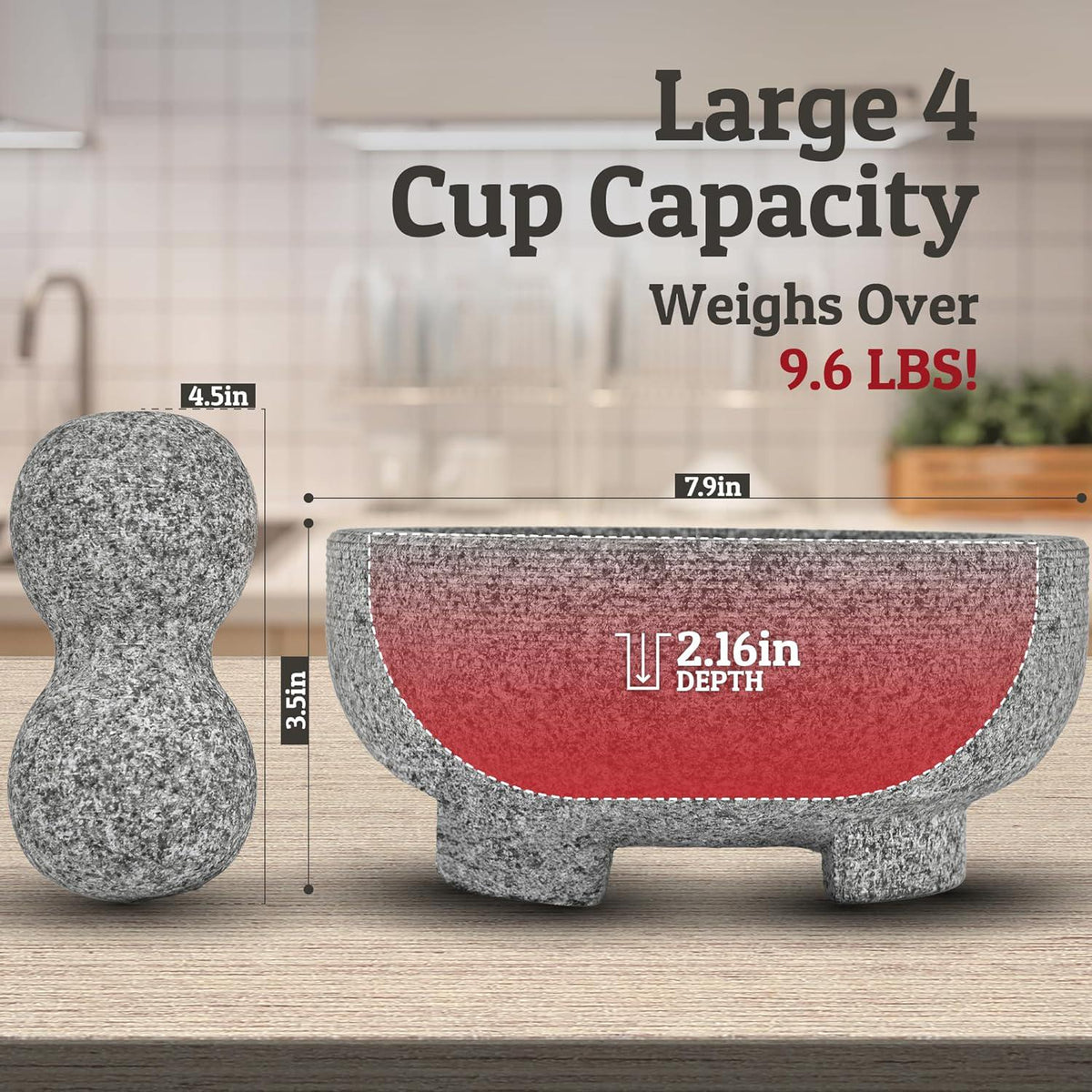 PriorityChef Granite Mortar And Pestle Set - 8 Inch Natural Stone Molcajete Mexicano For Spices, Seasonings, Pastes - Pestle And Mortar Bowl For Fresh Guacamole, Salsa, Pesto, Large, Grey,