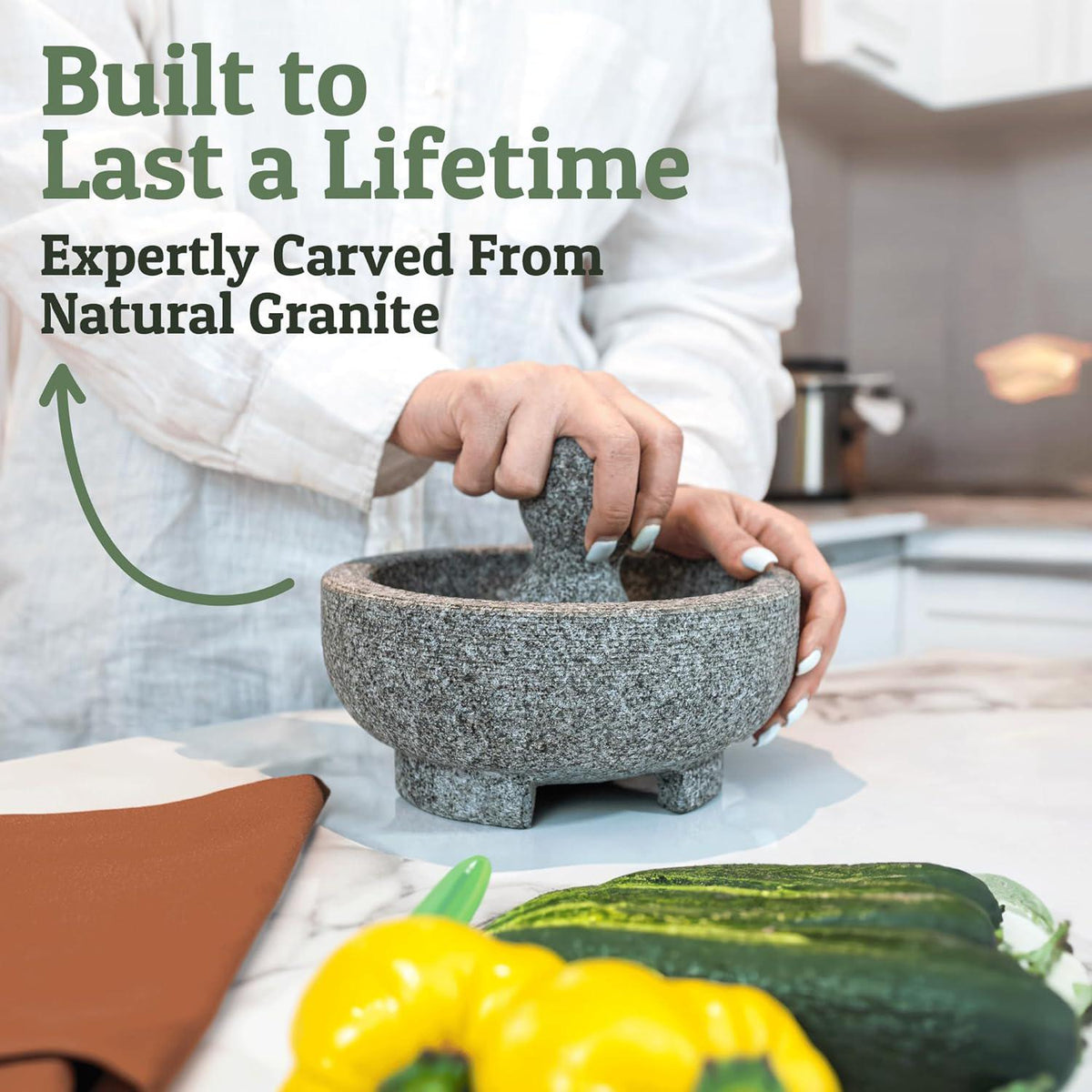 PriorityChef Granite Mortar And Pestle Set - 8 Inch Natural Stone Molcajete Mexicano For Spices, Seasonings, Pastes - Pestle And Mortar Bowl For Fresh Guacamole, Salsa, Pesto, Large, Grey,