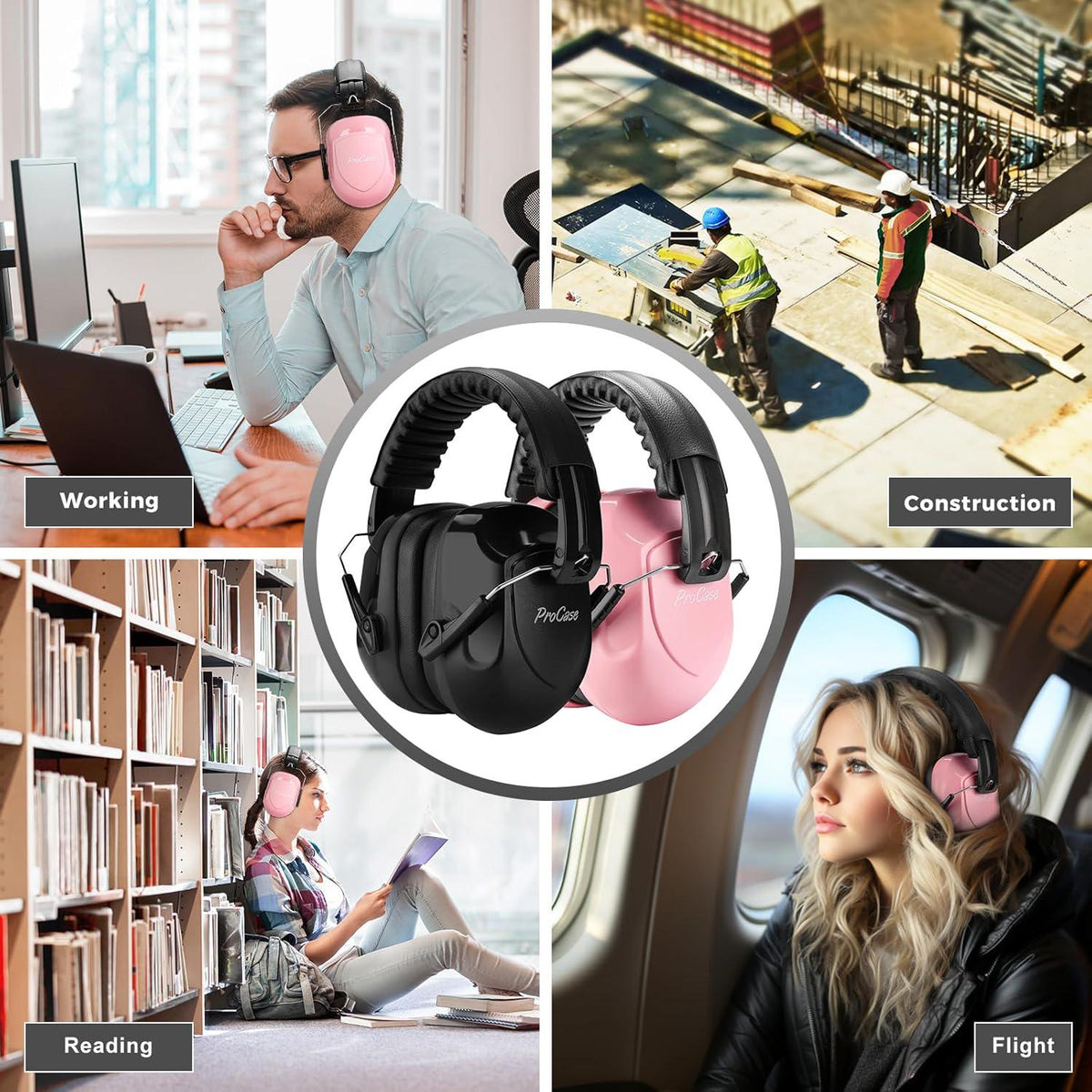 ProCase Noise Reduction Ear Muffs, Sound Proof Ear Protection, NRR 28dB Noise Cancelling Headphones For Adults Kids Autism, Hearing Protection For Shooting Gun Range Mowing -2 Packs, Pink And Black,