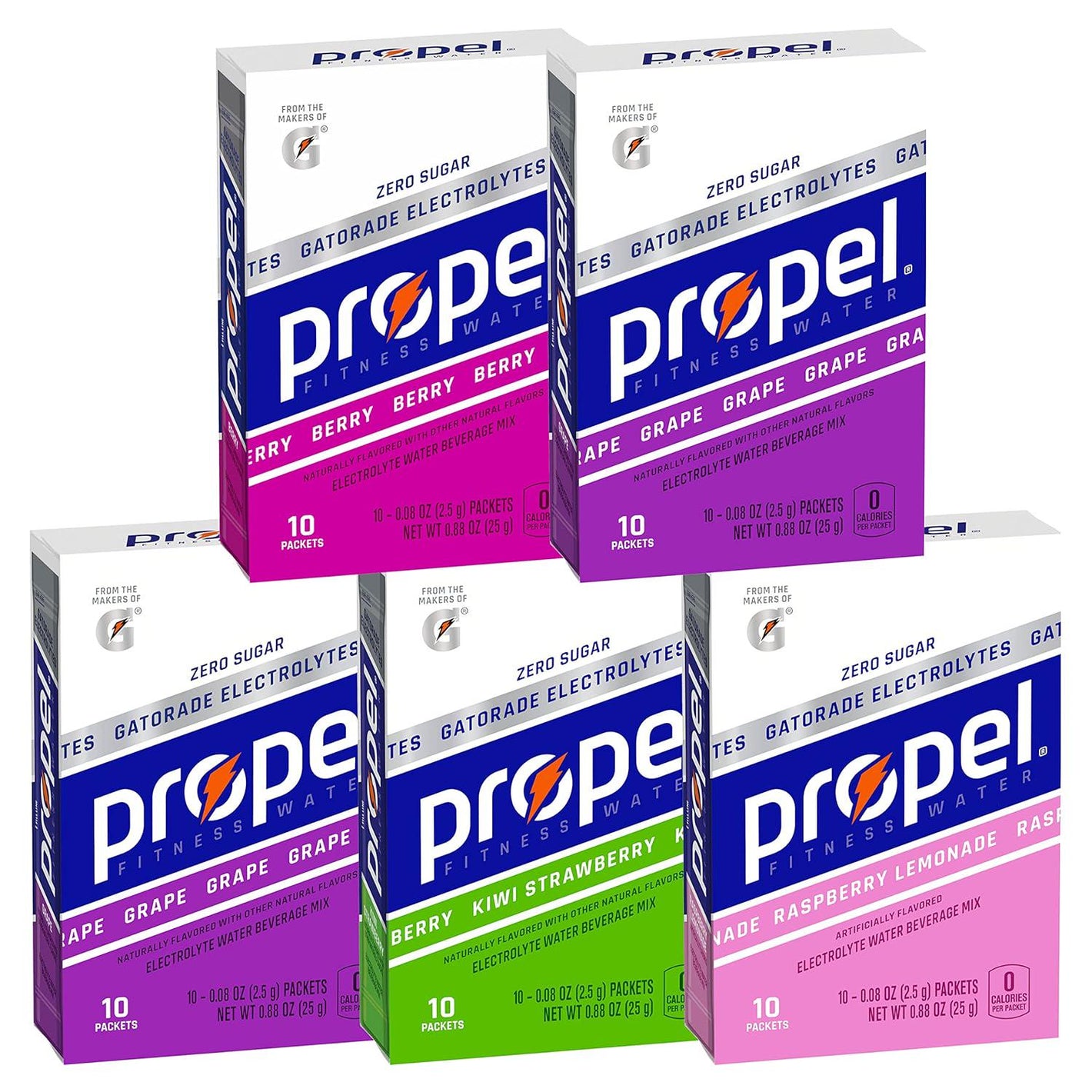 Propel Powder Packets, 4 Flavor Variety Pack, Electrolytes & Vitamins, No Sugar, 10 Count, Pack of 5 (Packaging May Vary)