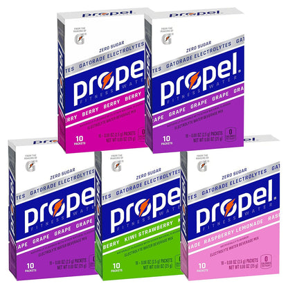 Propel Powder Packets, 4 Flavor Variety Pack, Electrolytes & Vitamins, No Sugar, 10 Count, Pack of 5 (Packaging May Vary)