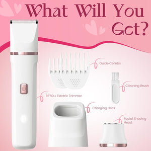 Risina Pubic Hair Trimmer For Women - Electric Razors For Women's Body Groomer, Replaceable Ceramic Blade Heads, Face Hair Remover Head, USB-C&Dock Charging, Waterproof&Easy Cleaning White