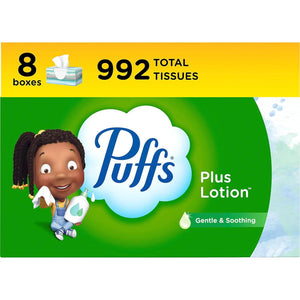 Puffs Puffs Plus Lotion Facial Tissues, 8 Family Boxes, 124 Facial Tissues Per Box, Allergies And Colds