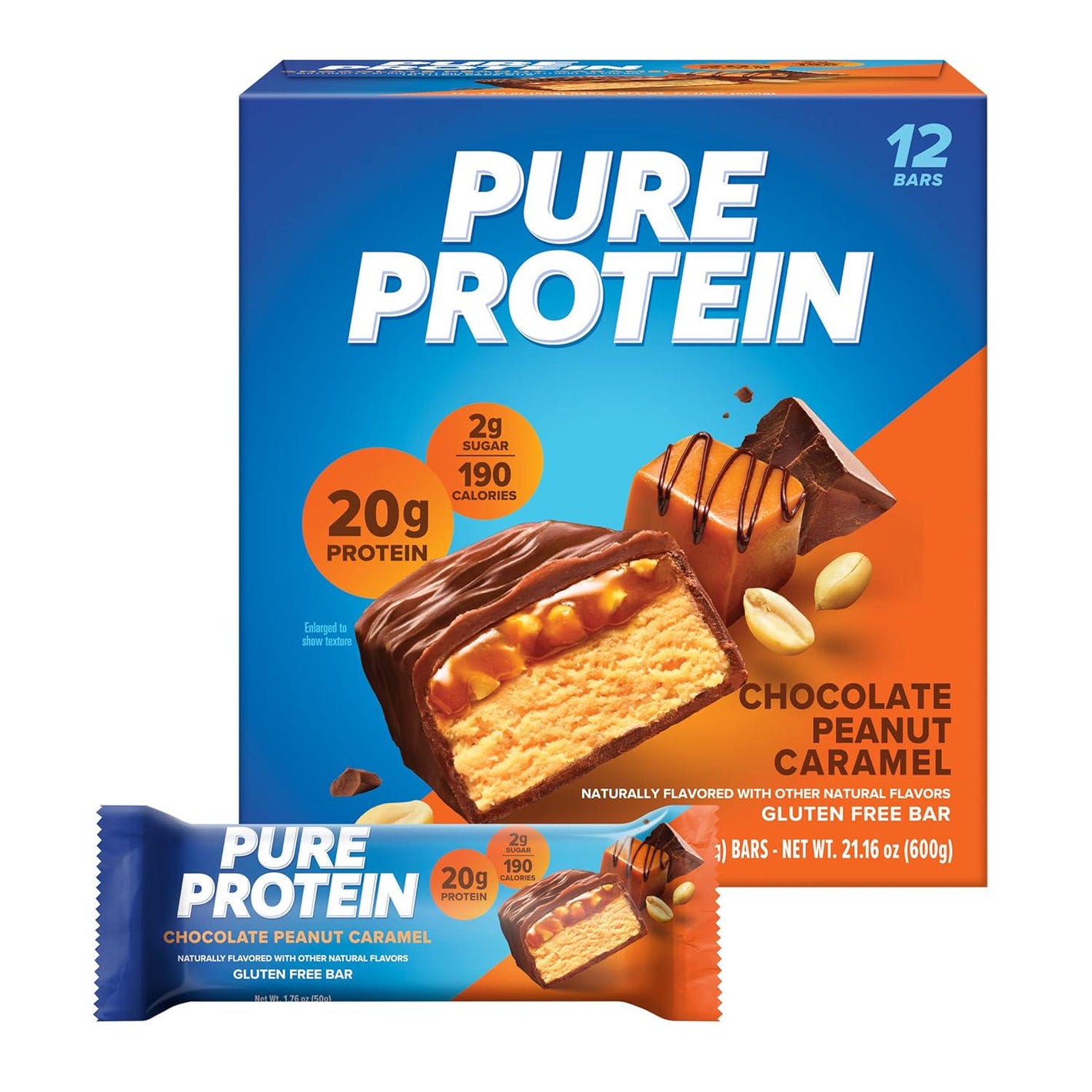 Pure Protein Bars, High-Protein Nutritious Snacks, Low Sugar, Gluten-Free, Chocolate Peanut Caramel, 176oz, 12 Count