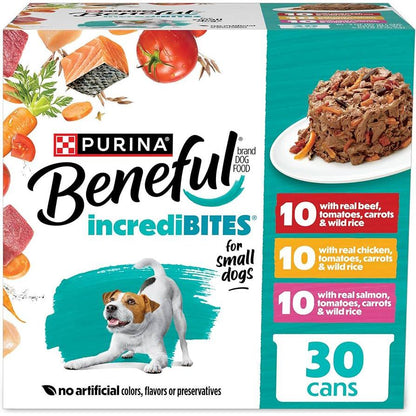 Purina Beneful IncrediBites Small Breed Wet Dog Food, Variety Pack of 30, Real Beef, Chicken & Salmon, 3 oz Cans