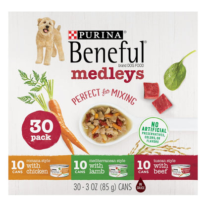 Purina Beneful Medleys Wet Dog Food Variety Pack, 3 oz Cans x 30, Tuscan, Romana, Mediterranean Styles