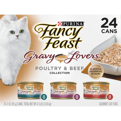 Purina Fancy Feast Gravy Lovers Wet Cat Food, 24 Cans, 3 oz Each, Poultry & Beef Variety Pack