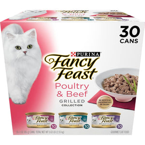 Fancy Feast Grilled Wet Cat Food Variety Pack 30 Count Poultry and Beef 3 oz Cans for Adult Cats
