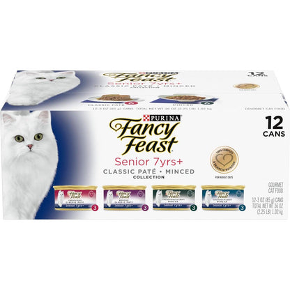 Fancy Feast Senior 7+ Wet Cat Food Variety Pack Chicken Beef Tuna High Protein 24 Cans 3 oz