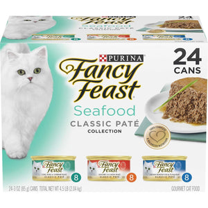 Purina Fancy Feast Seafood Classic Pate Wet Cat Food 24 Pack 3 oz Grain Free Salmon Shrimp Cod