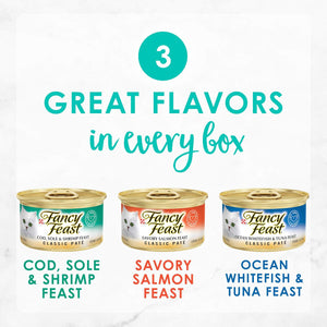 Purina Fancy Feast Seafood Classic Pate Wet Cat Food 24 Pack 3 oz Grain Free Salmon Shrimp Cod