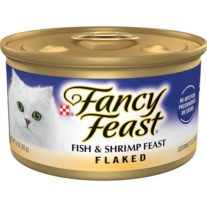 Purina Fancy Feast Wet Cat Food, Flaked Fish & Shrimp Feast, 3 oz Cans, Pack of 24