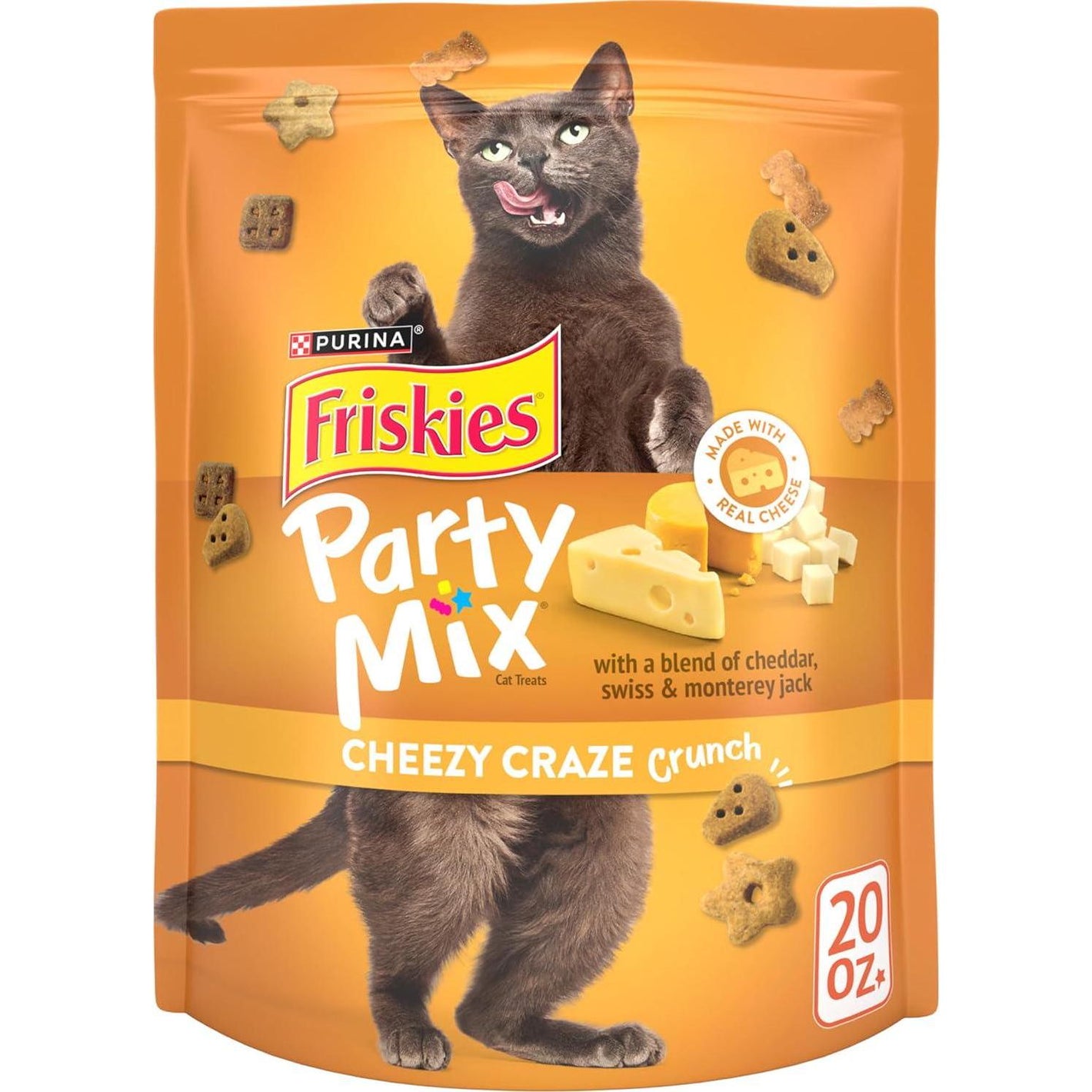 Purina Friskies Party Mix Cat Treats, Cheezy Craze Crunch, 20 oz Resealable Pouch
