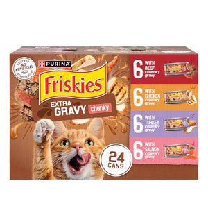 Purina Friskies Extra Gravy Wet Cat Food Variety Pack 5.5 oz Each 24 Cans Chicken Turkey Salmon Beef