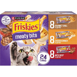Purina Friskies Meaty Bits Wet Cat Food Variety Pack 24 Cans 5.5 oz Chicken Beef Fish Flavors