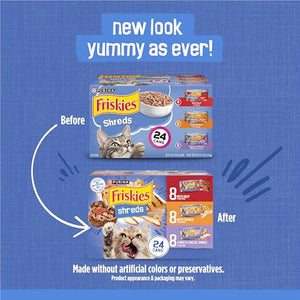 Purina Friskies Shreds in Gravy Variety, 24 Ct 5.5?oz Cans, Beef, Chicken & Turkey & Cheese Wet Cat Food