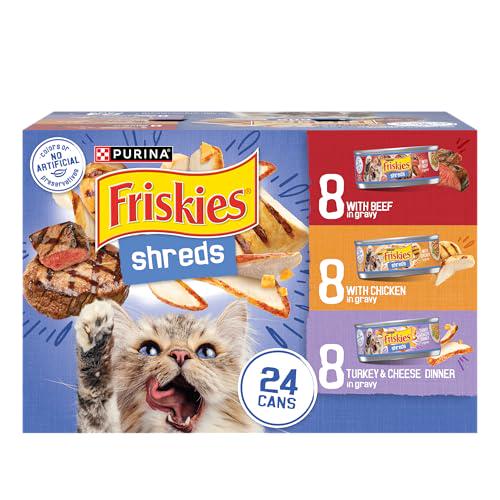 Purina Friskies Shreds in Gravy Variety, 24 Ct 5.5?oz Cans, Beef, Chicken & Turkey & Cheese Wet Cat Food